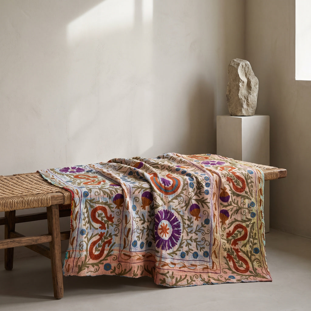 Bloom Passage Reversible Luxury Vintage Suzani Kantha Throw