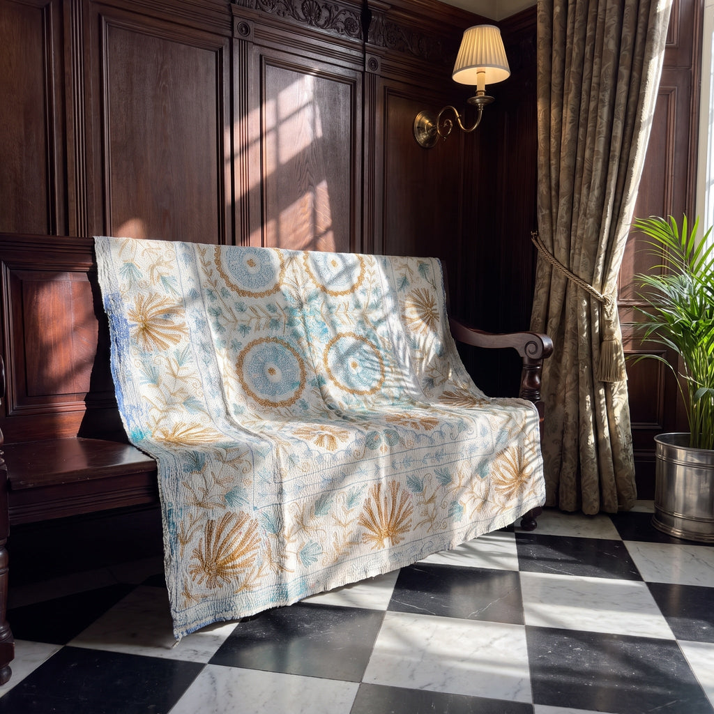 Garden Reverie Reversible Luxury Vintage Suzani Kantha Throw