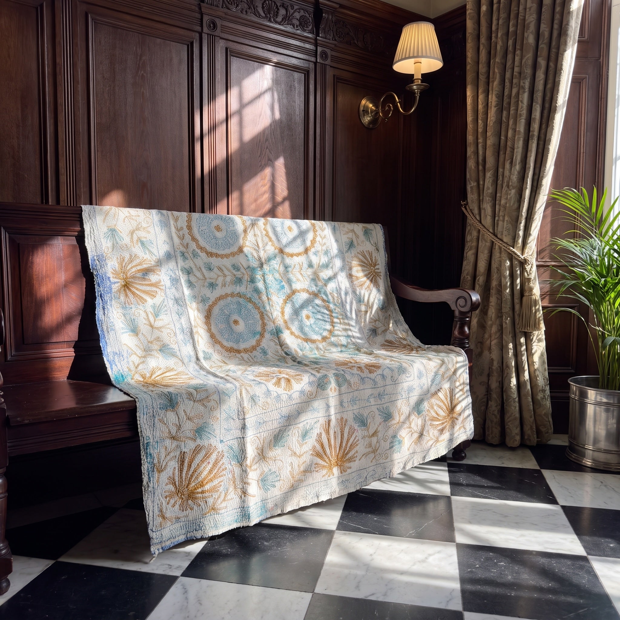 Garden Reverie Reversible Luxury Vintage Suzani Kantha Throw