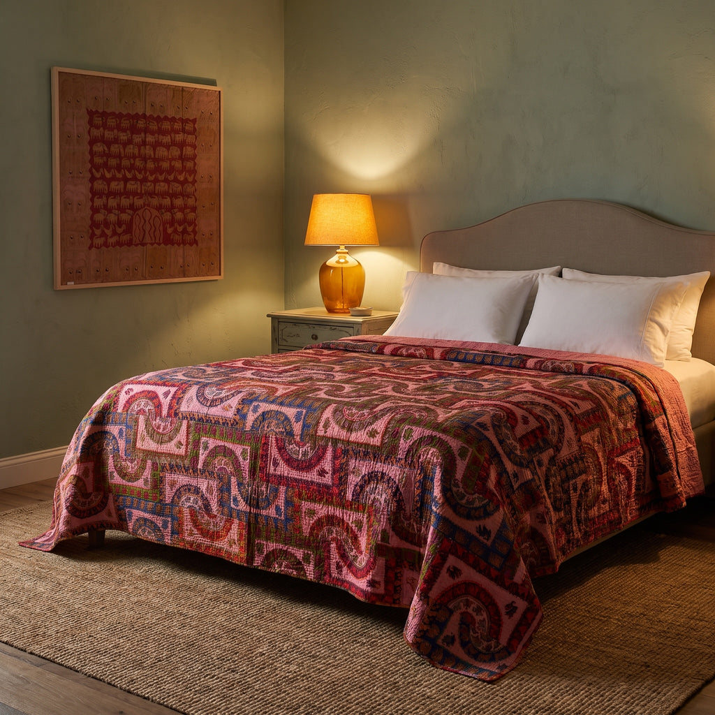 Lush Fern Handmade Vintage Cotton Kantha King Bedspread