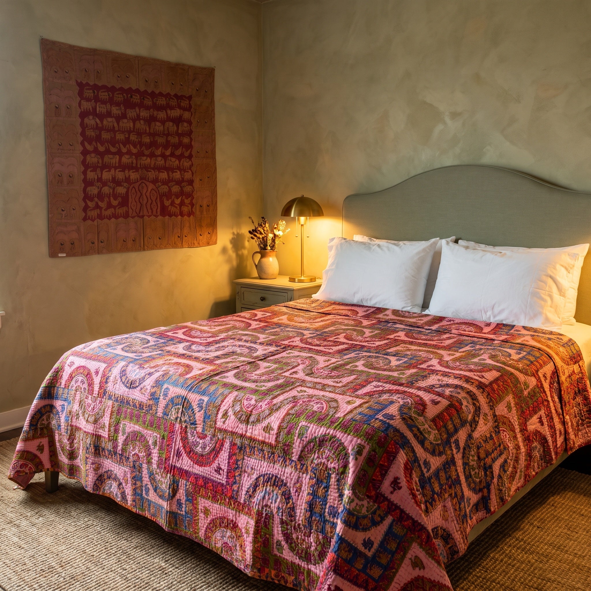 Lush Fern Handmade Vintage Cotton Kantha King Bedspread