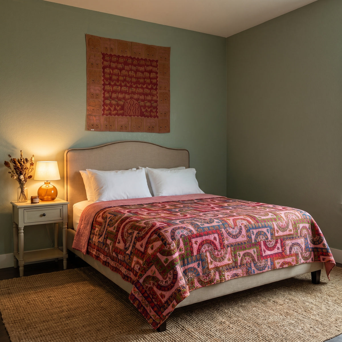 Lush Fern Handmade Vintage Cotton Kantha King Bedspread