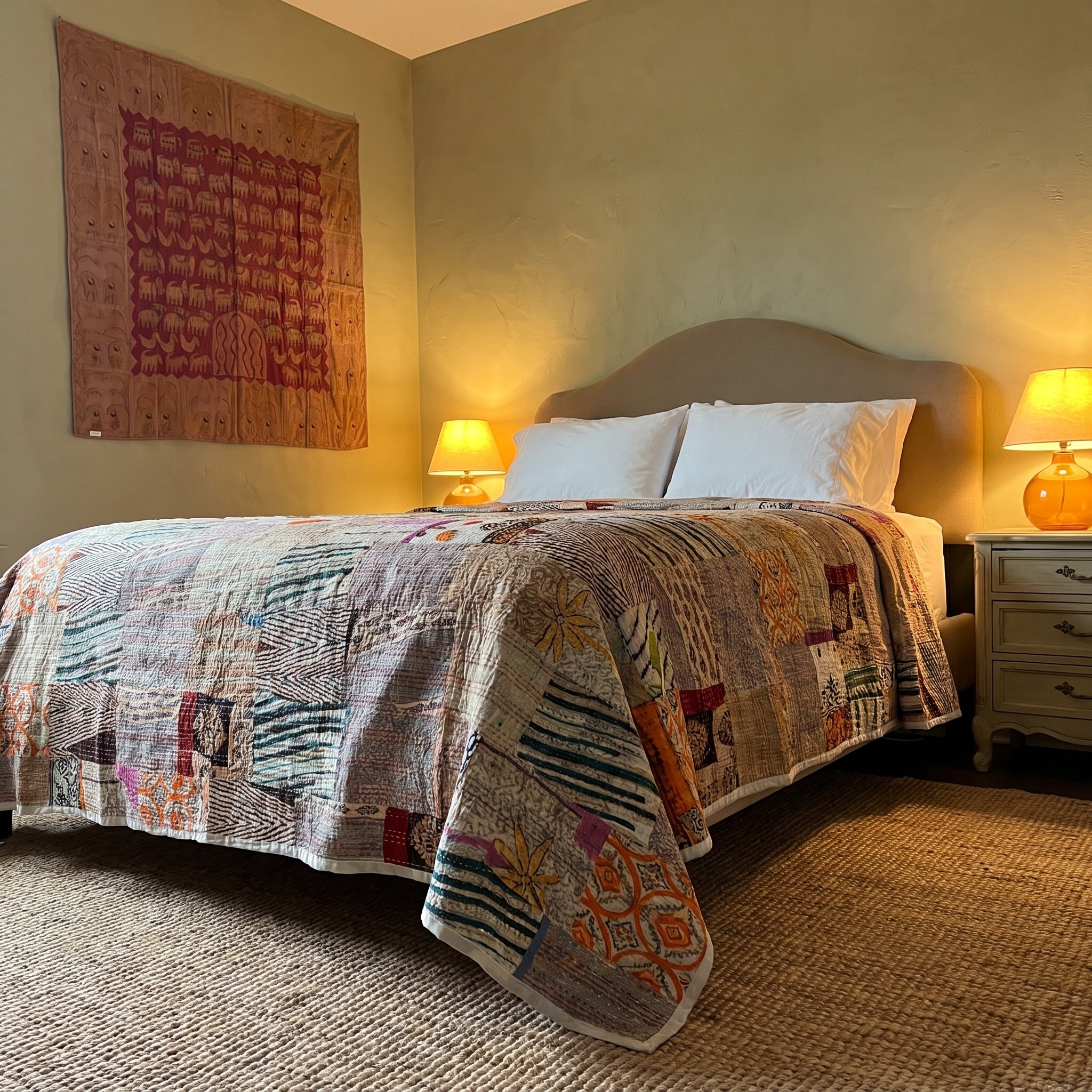 Amber Bloom Handmade Patola Kantha KING Bedspread