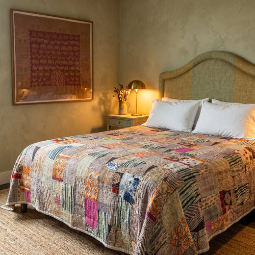 Amber Bloom Handmade Patola Kantha KING Bedspread