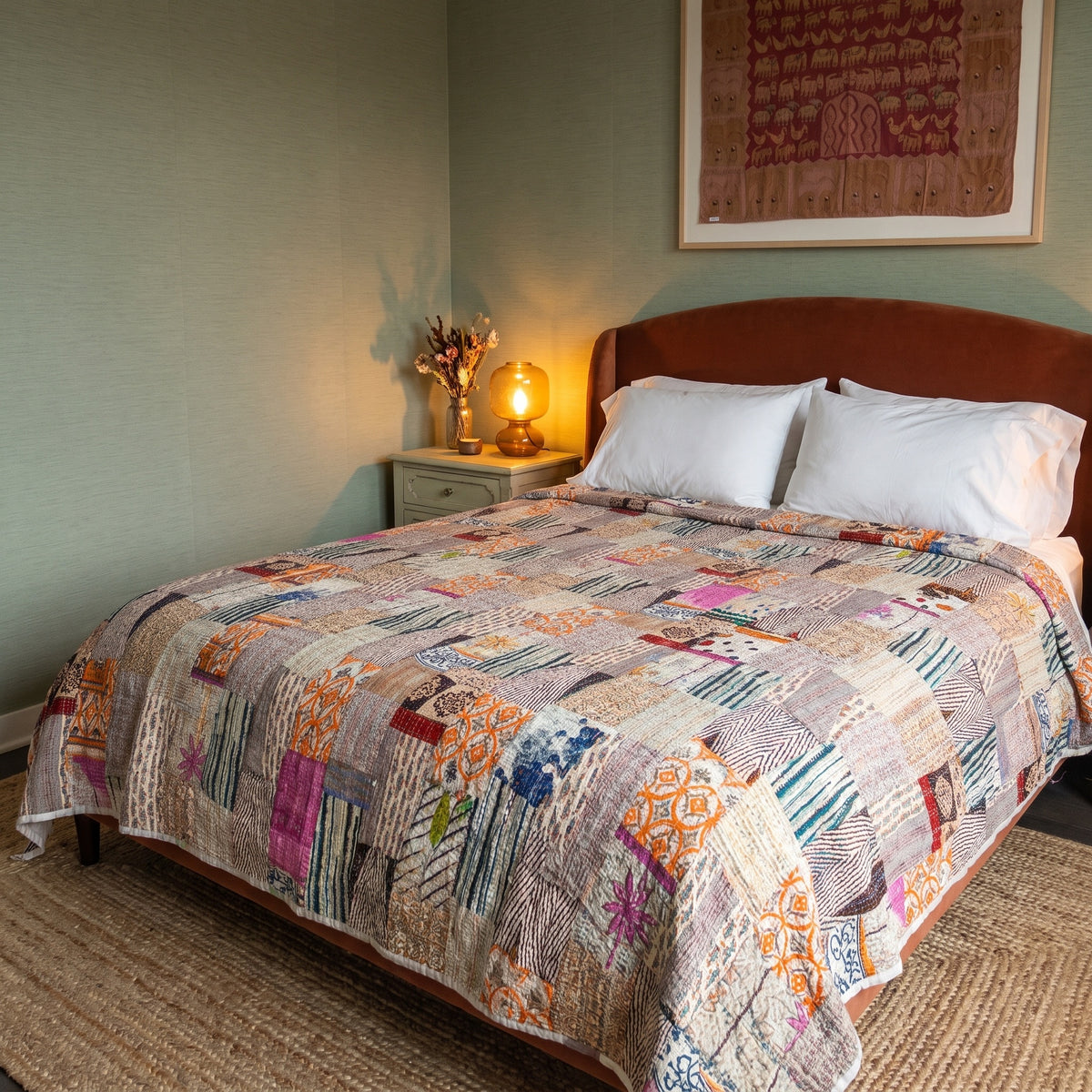 Amber Bloom Handmade Patola Kantha KING Bedspread