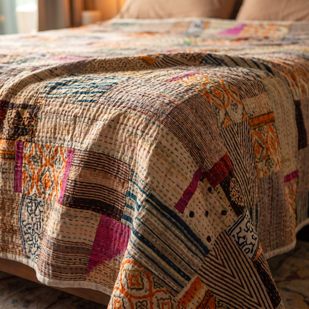 Amber Bloom Handmade Patola Kantha KING Bedspread