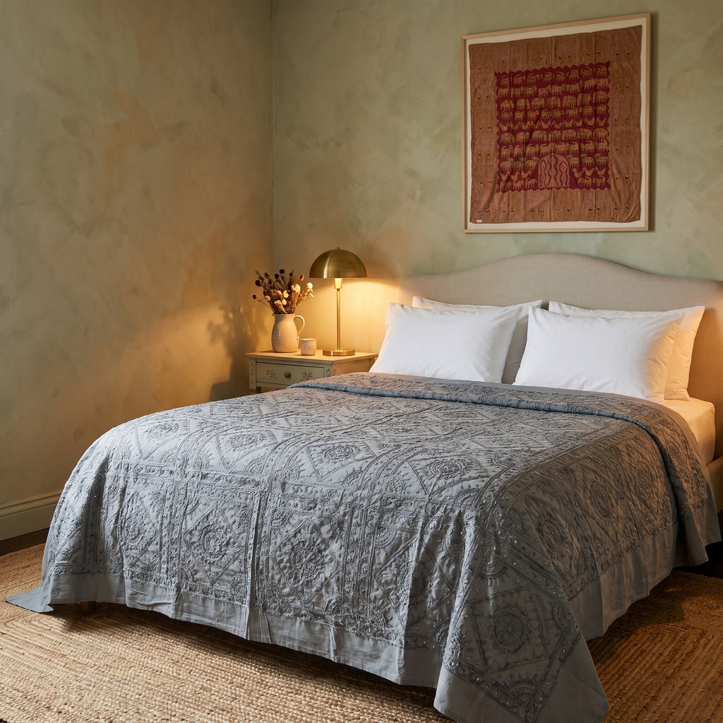 Scarlet Paintbrush Handmade Mirrorwork Luxury Embroidered Bedspread