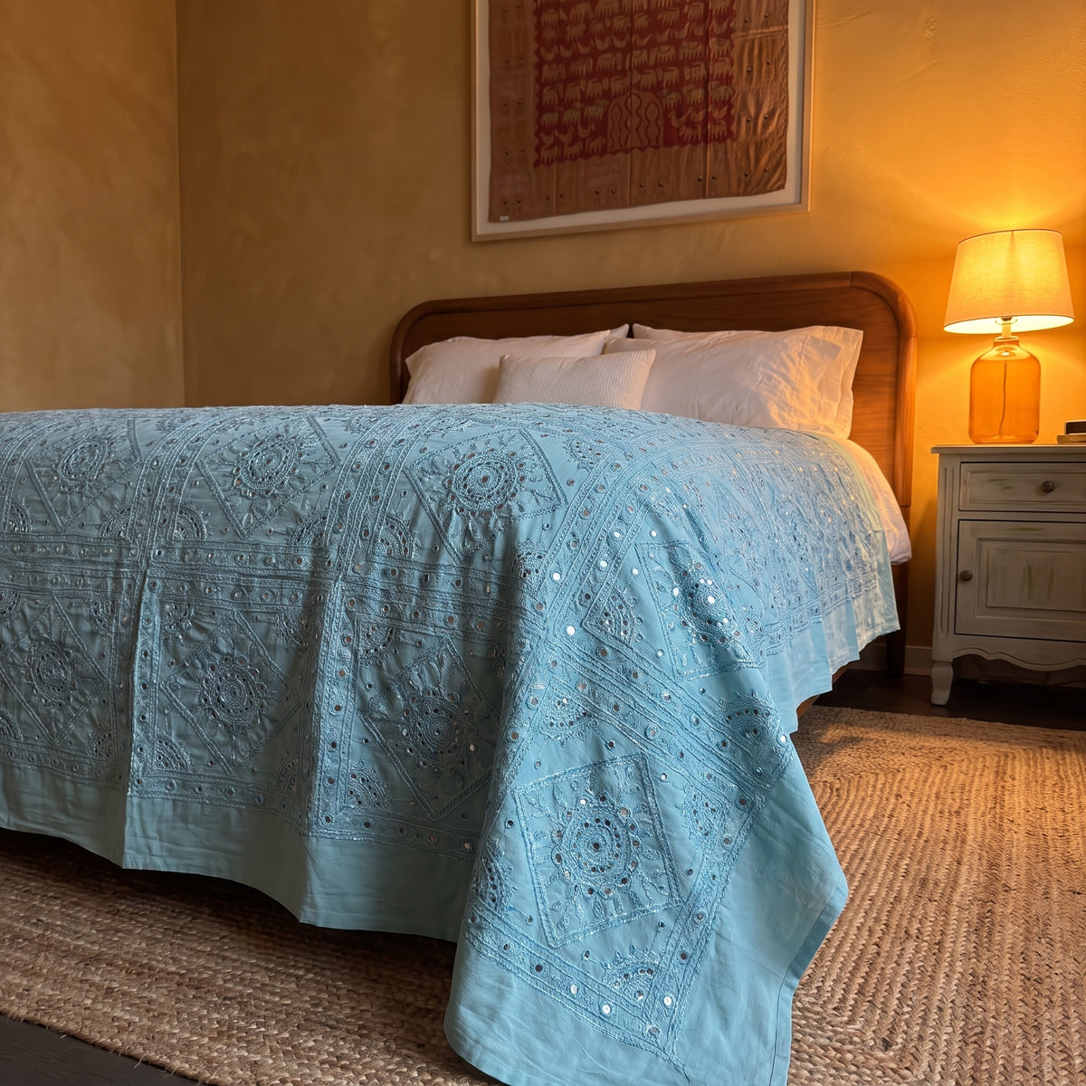 Blue Flag Iris Handmade Mirrorwork Luxury Embroidered Bedspread