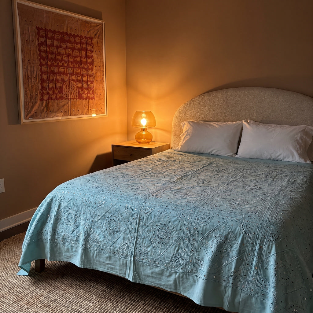 Blue Flag Iris Handmade Mirrorwork Luxury Embroidered Bedspread