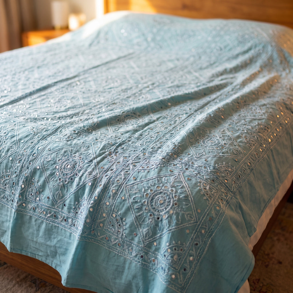 Blue Flag Iris Handmade Mirrorwork Luxury Embroidered Bedspread