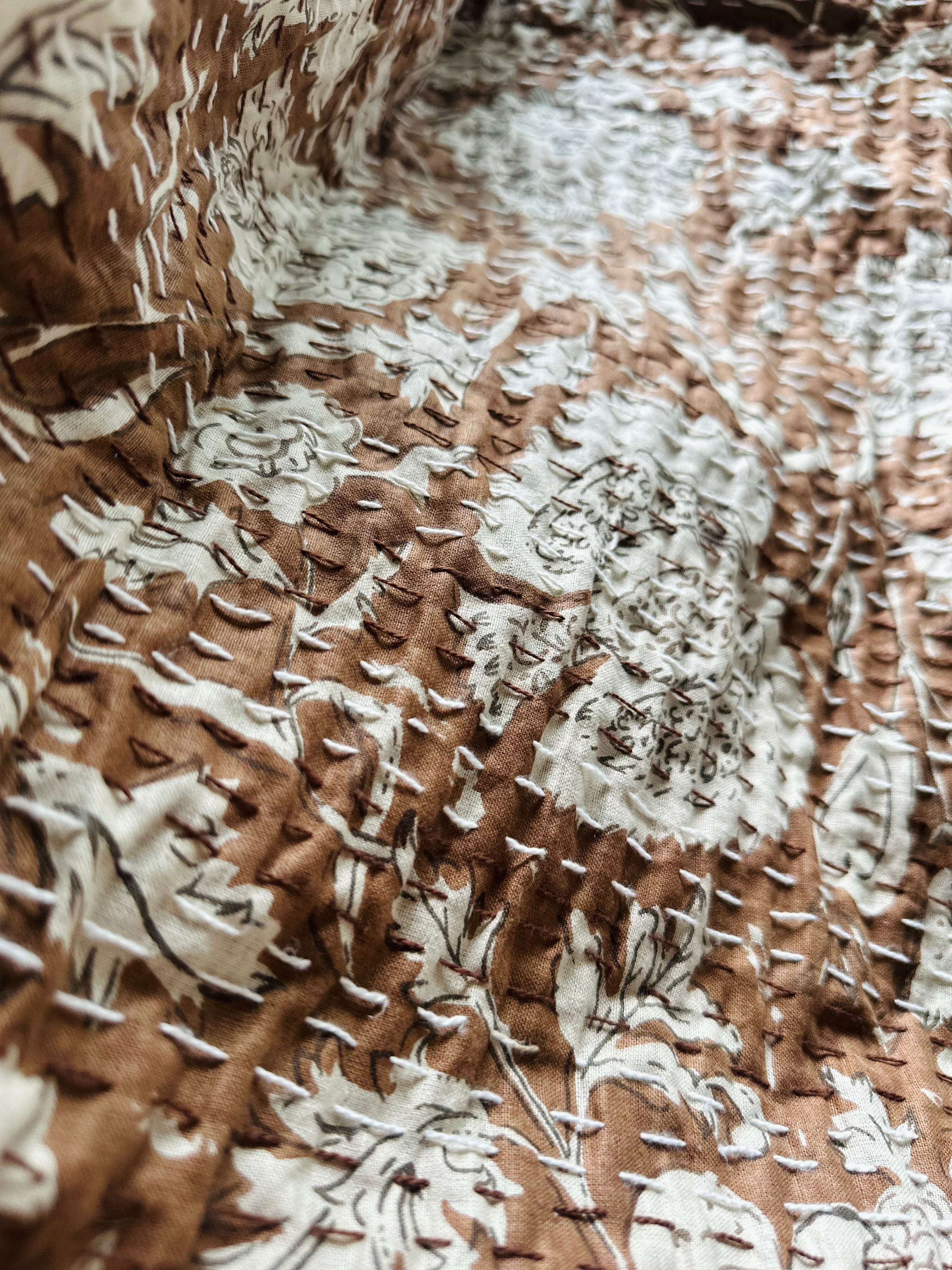 Saffron Rose Cotton Hand-Made Queen Kantha Bedspread