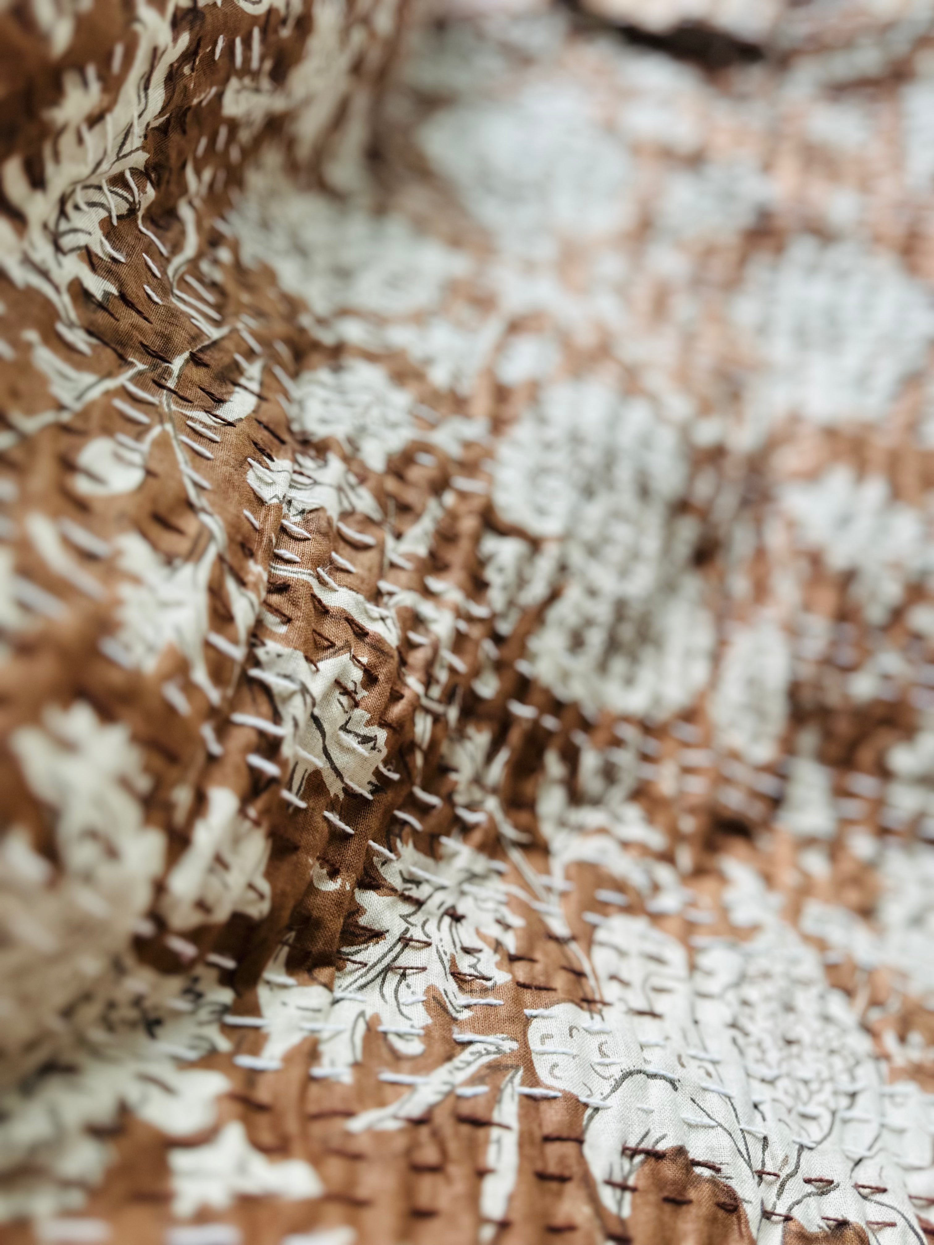 Saffron Rose Cotton Hand-Made Queen Kantha Bedspread