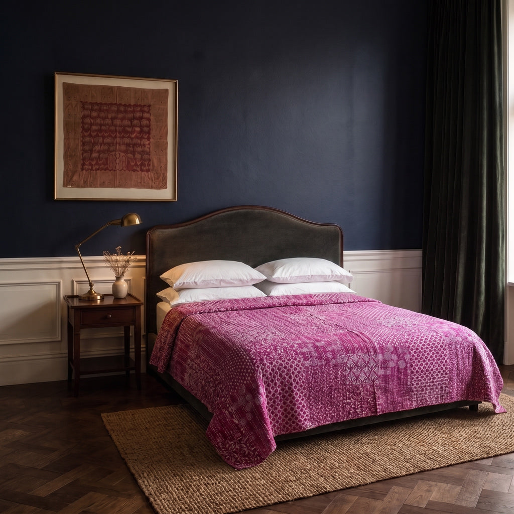 Wild Aster Handmade Kantha Queen Bedspread