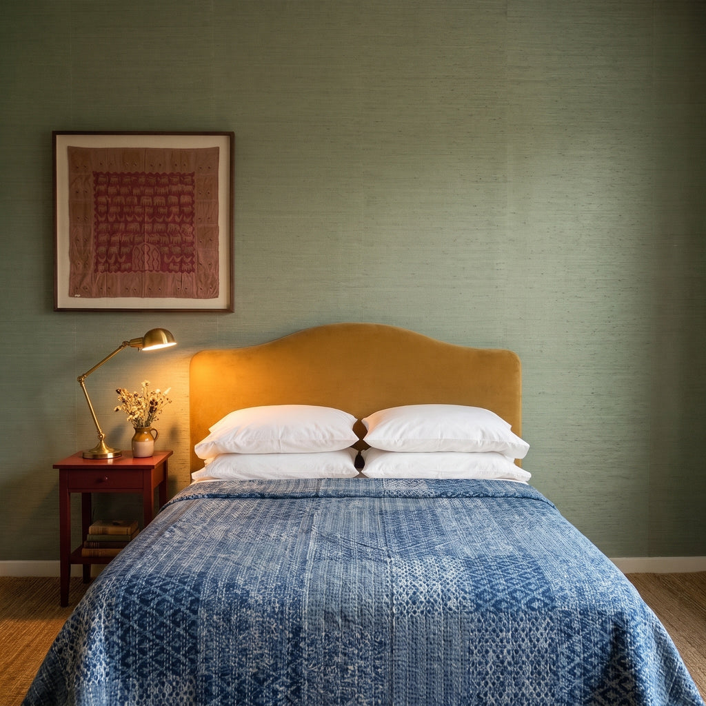 Ostrich Fern Handmade Kantha Queen Bedspread