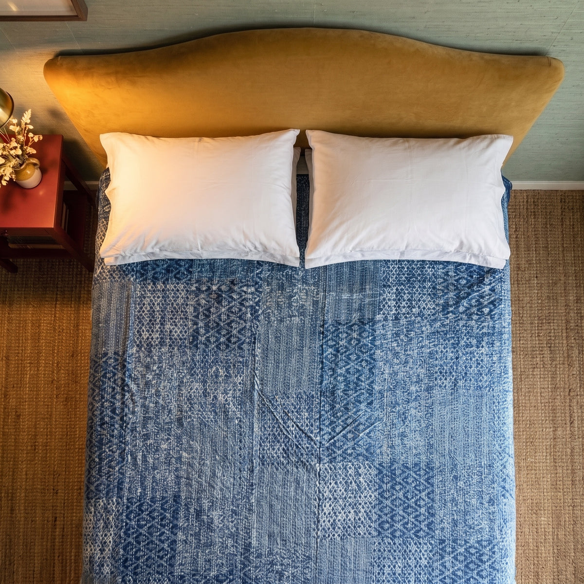 Ostrich Fern Handmade Kantha Queen Bedspread