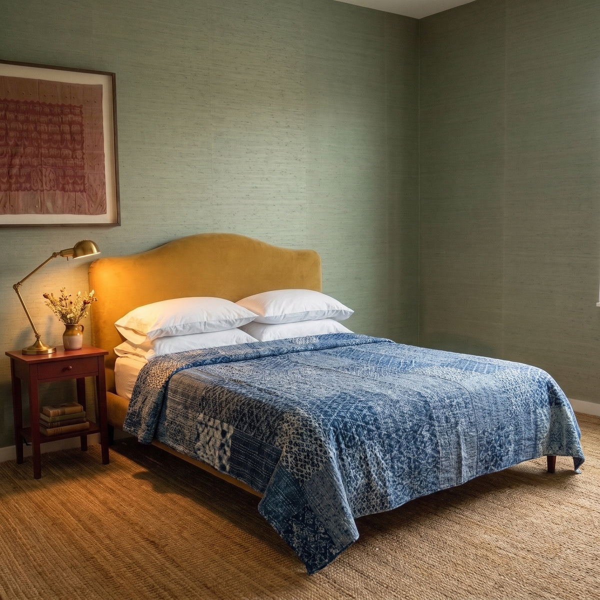 Ostrich Fern Handmade Kantha Queen Bedspread
