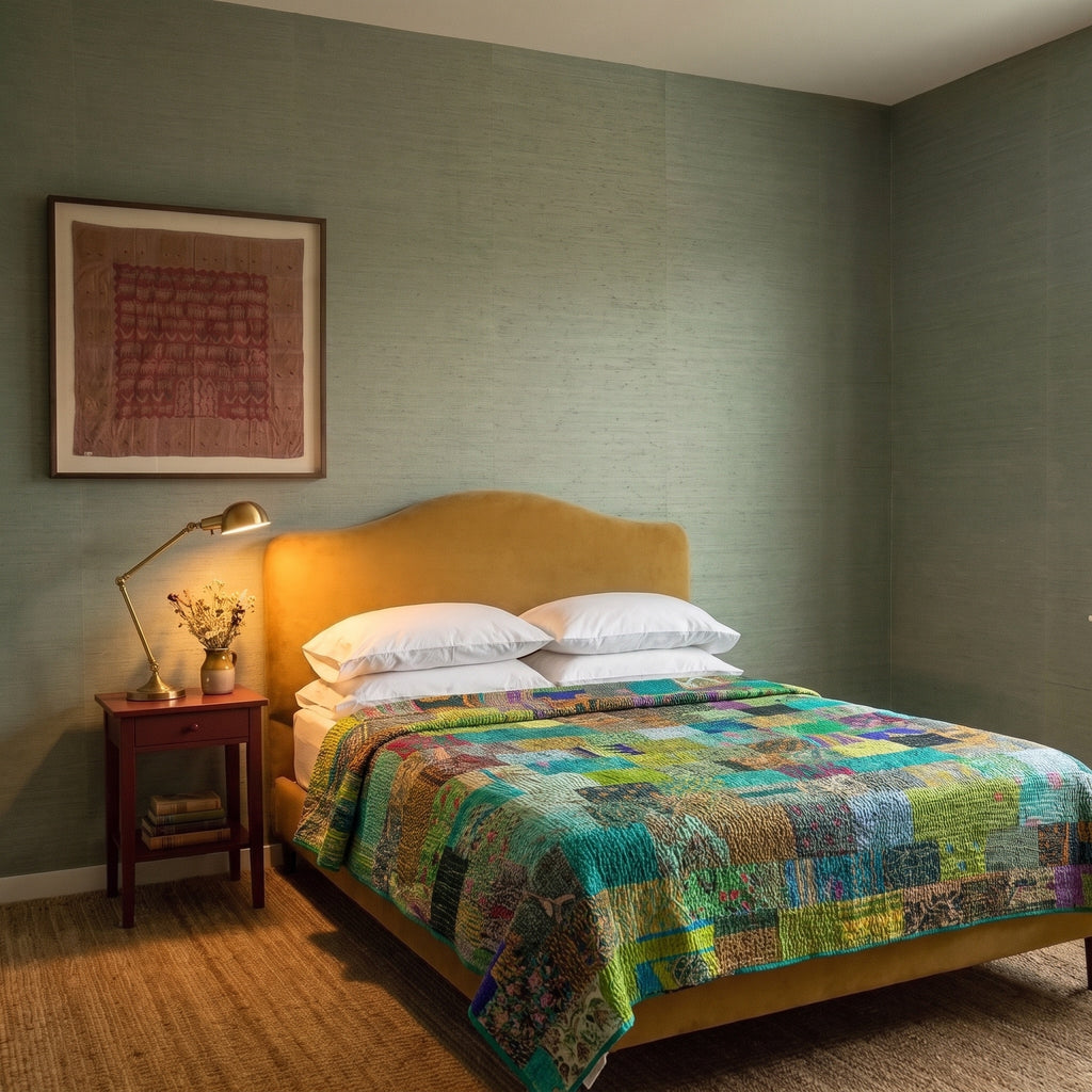 Dew Mist Handmade Kantha Patchwork Queen Bedspread