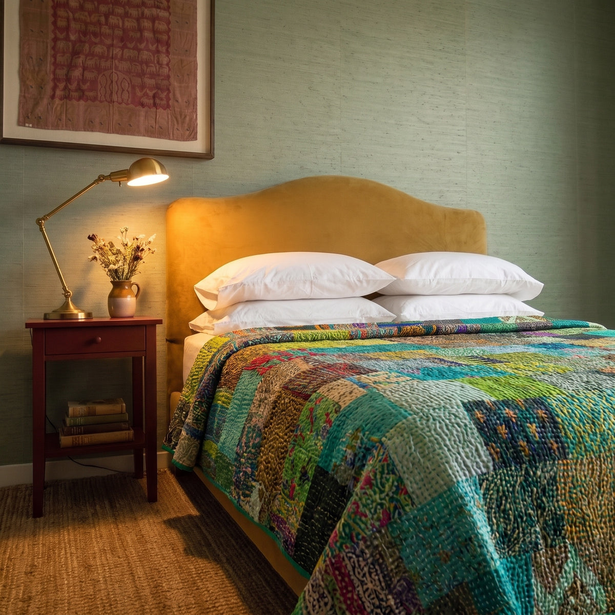 Dew Mist Handmade Kantha Patchwork Queen Bedspread