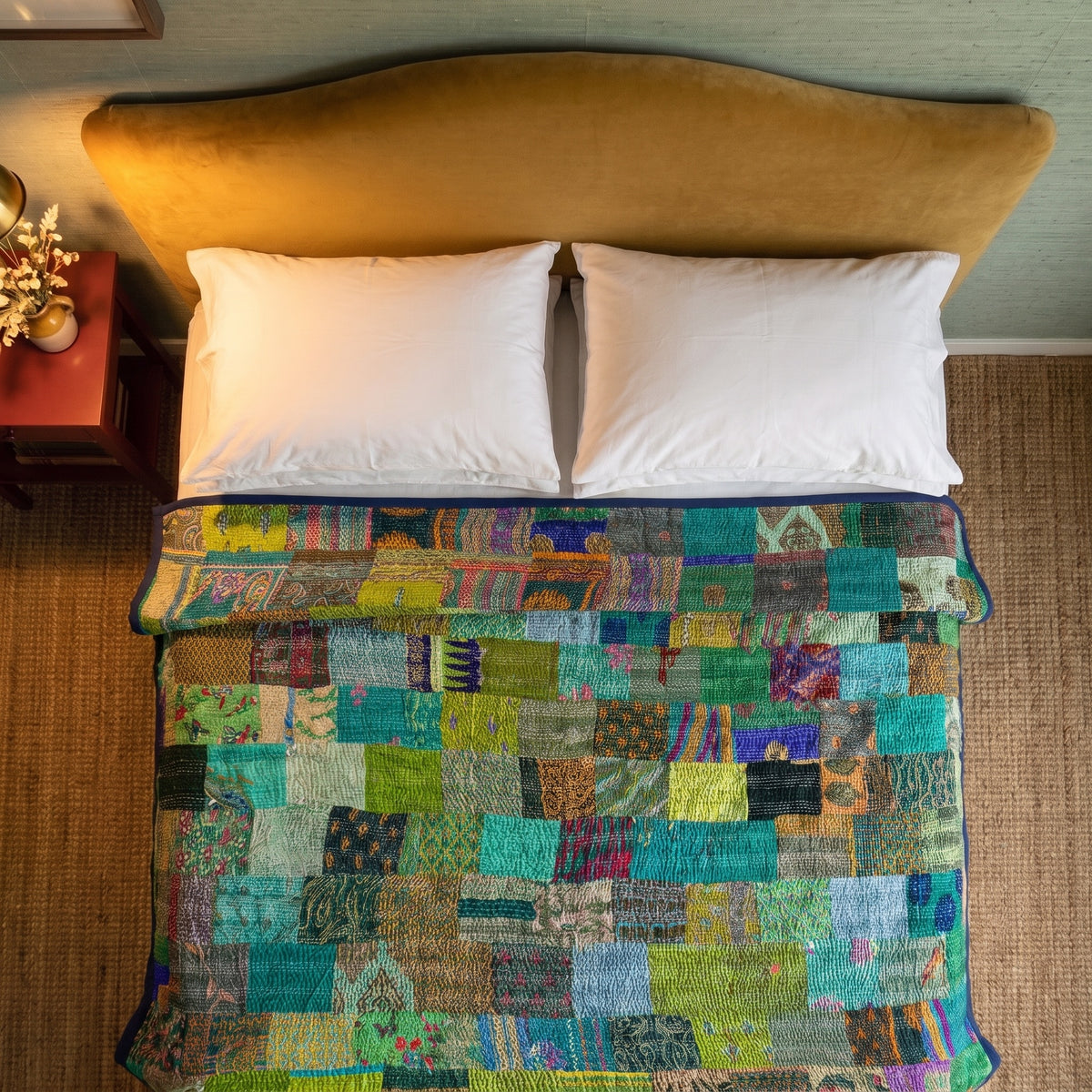 Dew Mist Handmade Kantha Patchwork Queen Bedspread