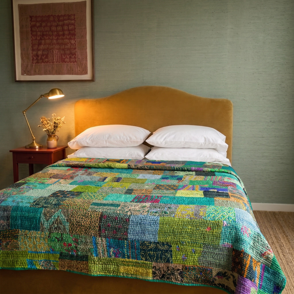 Dew Mist Handmade Kantha Patchwork Queen Bedspread