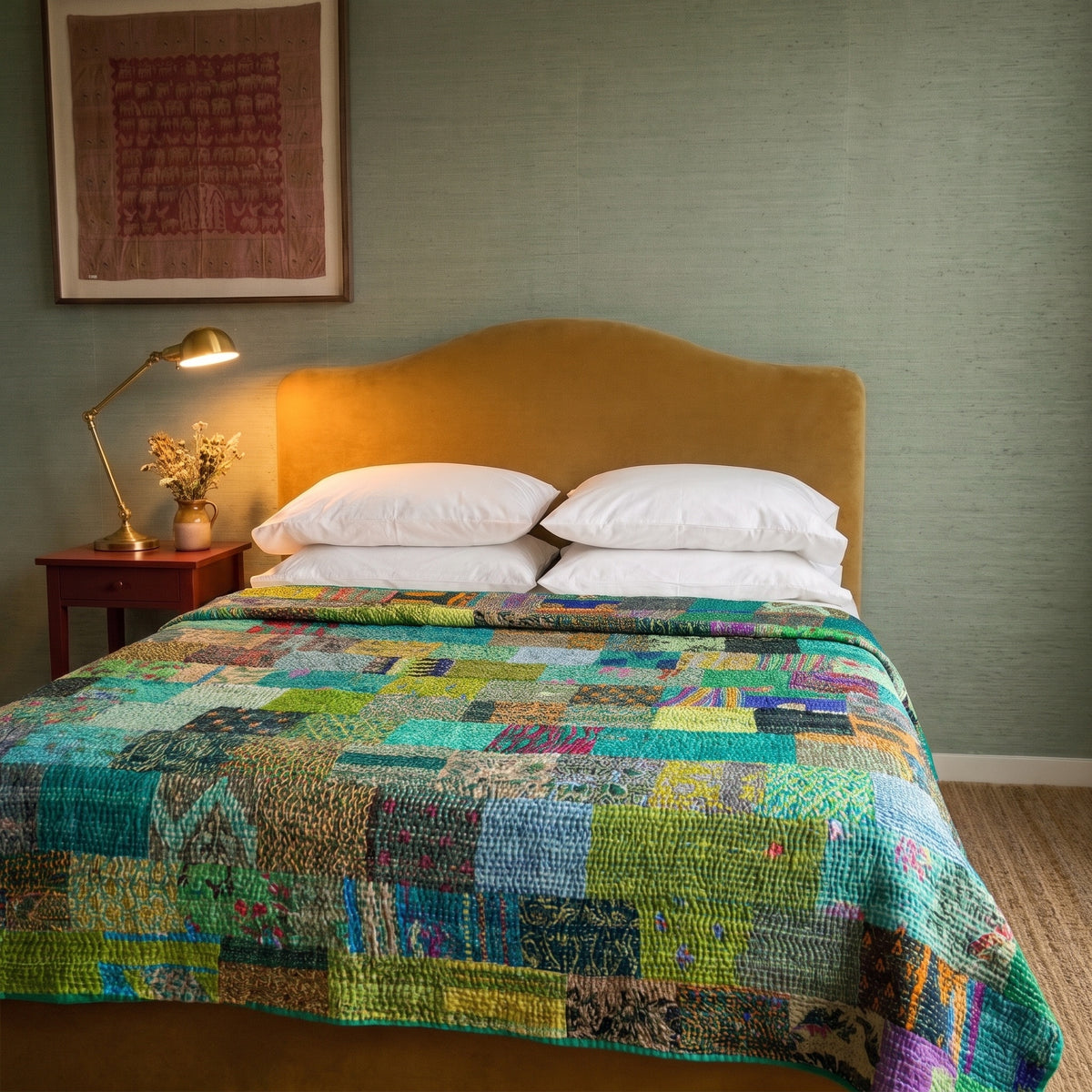 Dew Mist Handmade Kantha Patchwork Queen Bedspread