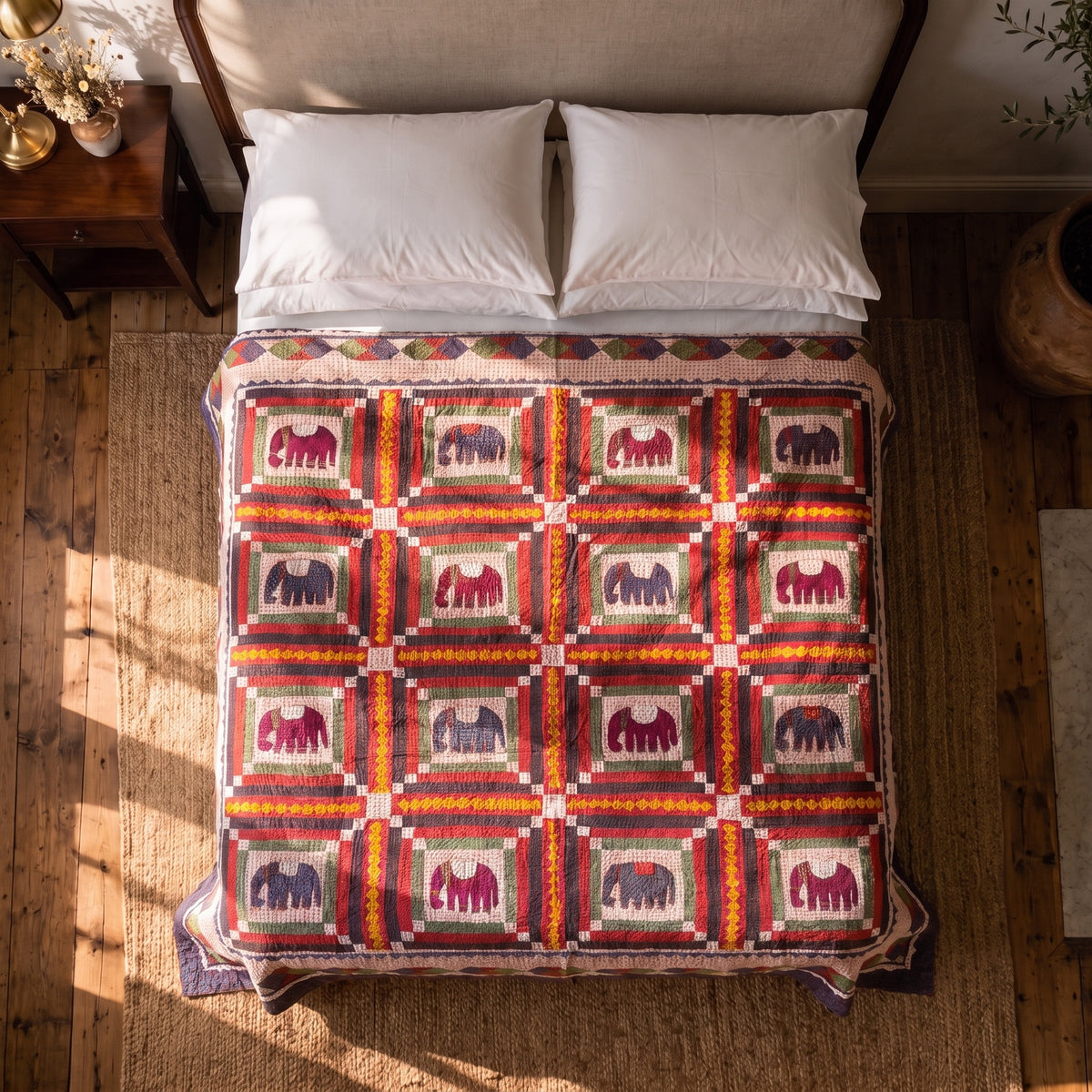 Indigo Dream Handmade Kantha Applique Queen Bedspread