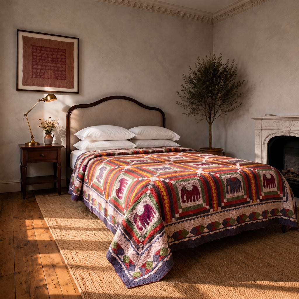 Indigo Dream Handmade Kantha Applique Queen Bedspread
