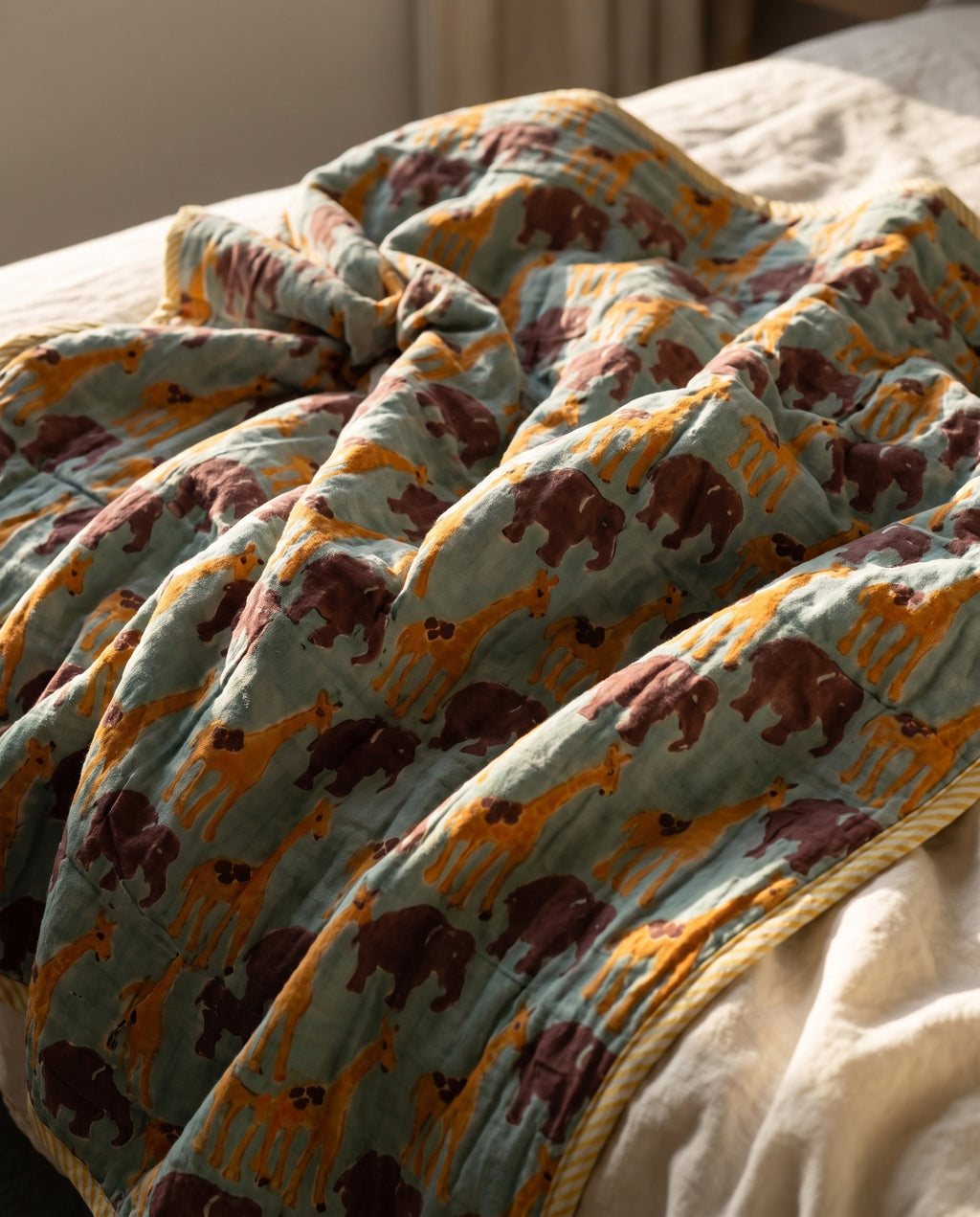 Tippy Toes and Trunks - 100% cotton, Reversible Hand Made Artisnal Baby Quilt