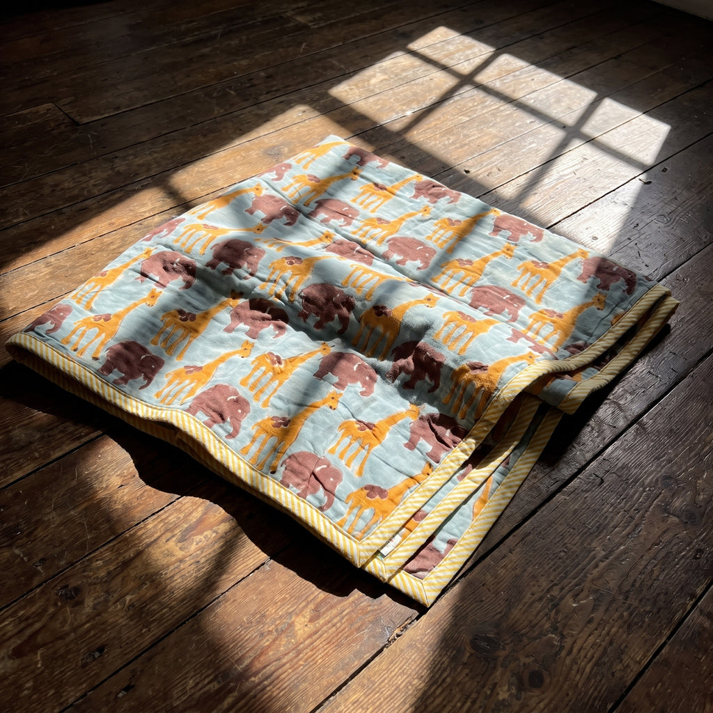 Tippy Toes and Trunks - 100% cotton, Reversible Hand Made Artisnal Baby Quilt