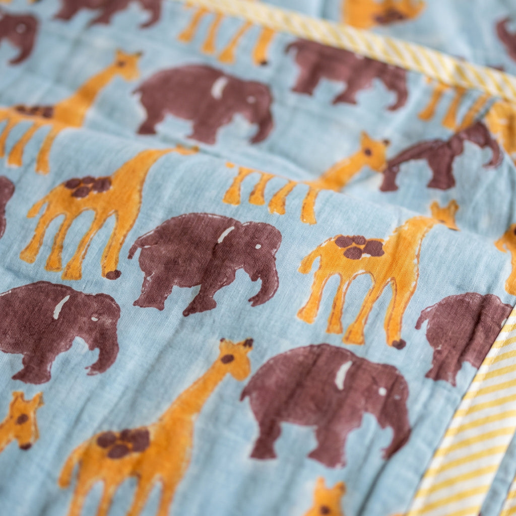 Tippy Toes and Trunks - 100% cotton, Reversible Hand Made Artisnal Baby Quilt