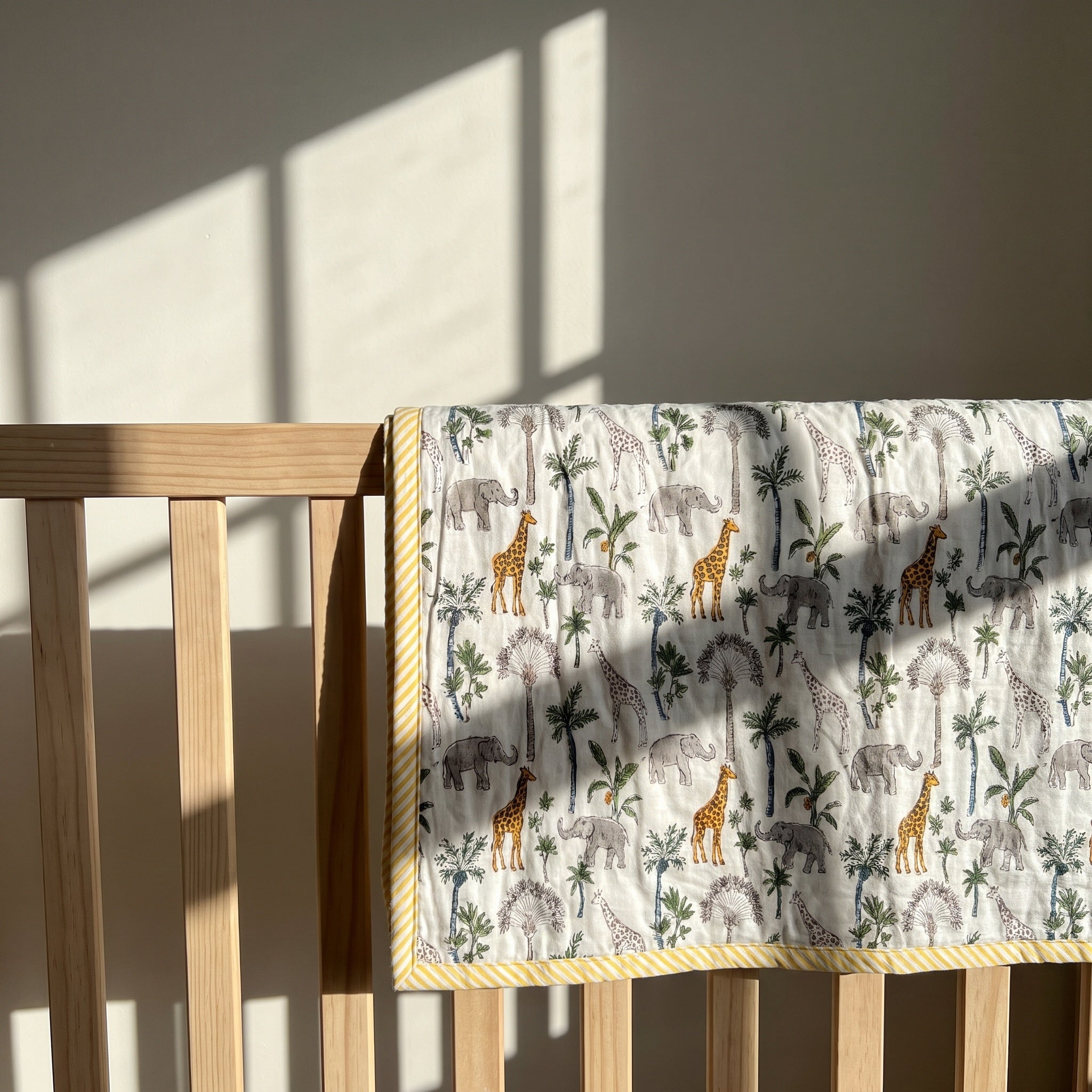 Tippy Toes and Trunks - 100% cotton, Reversible Hand Made Artisnal Baby Quilt