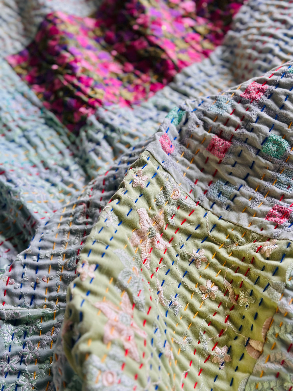 Pistachio patchwork Kantha KING sized Bedspread