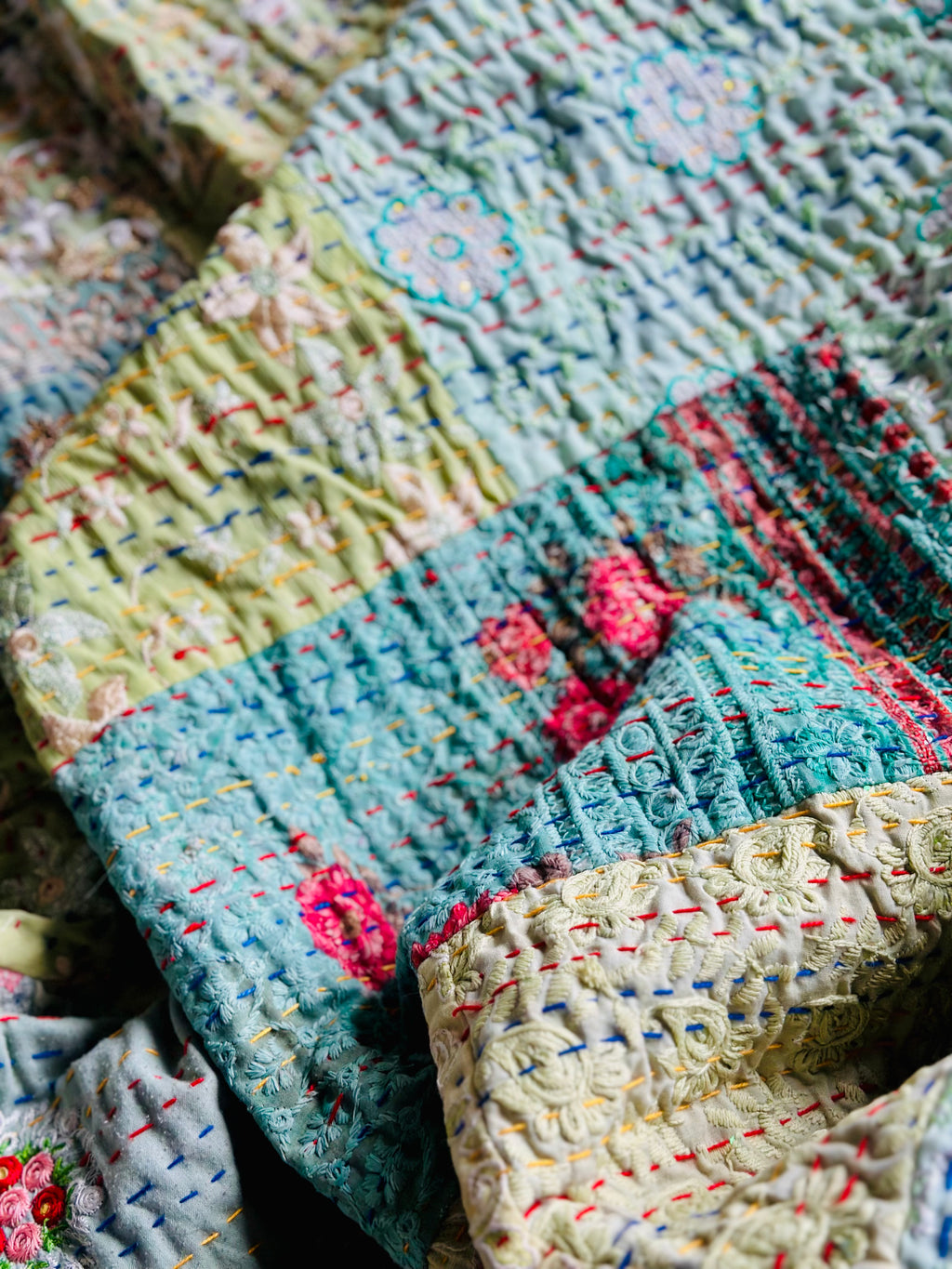 Pistachio patchwork Kantha KING sized Bedspread