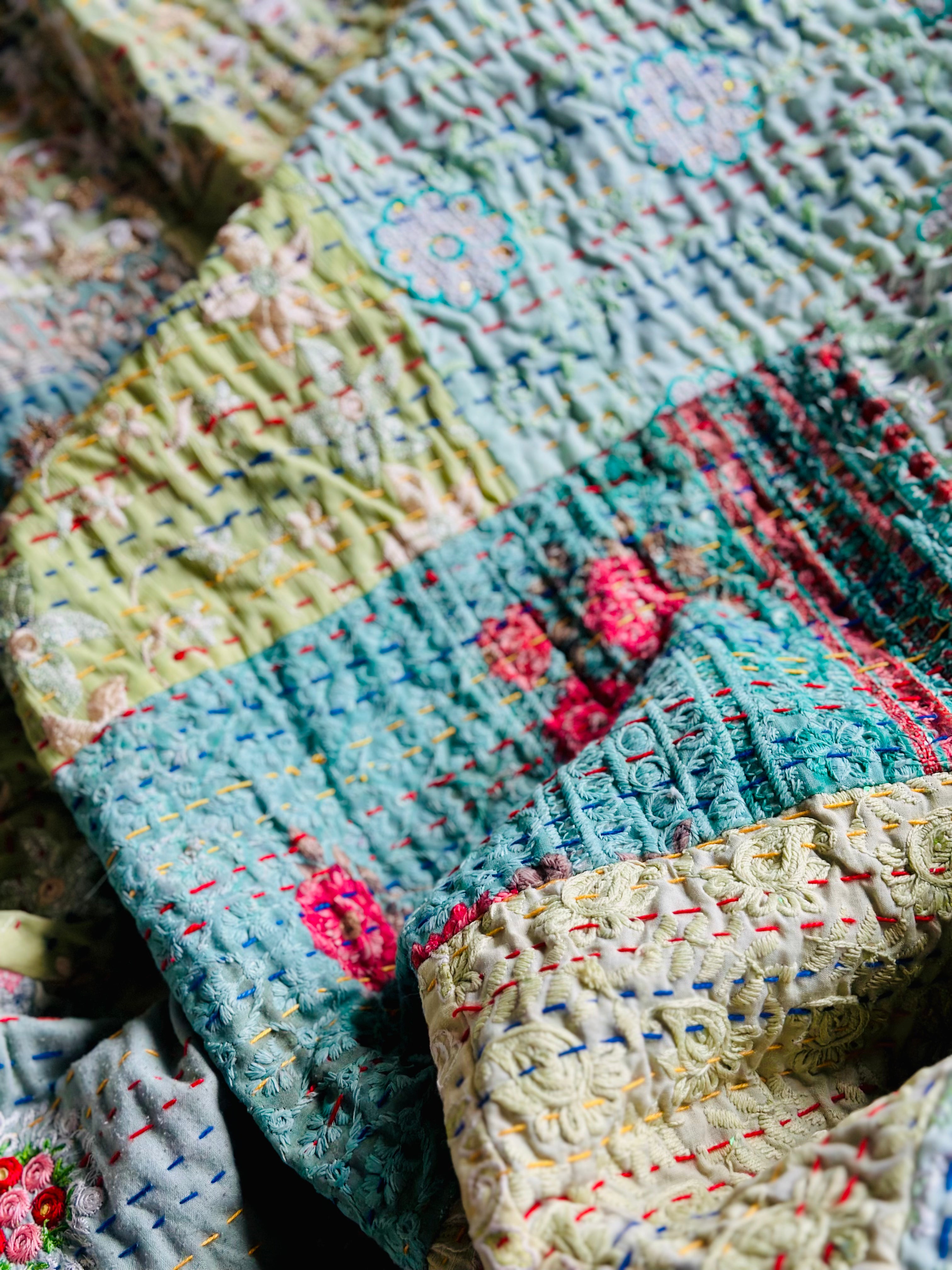 Pistachio patchwork Kantha KING sized Bedspread
