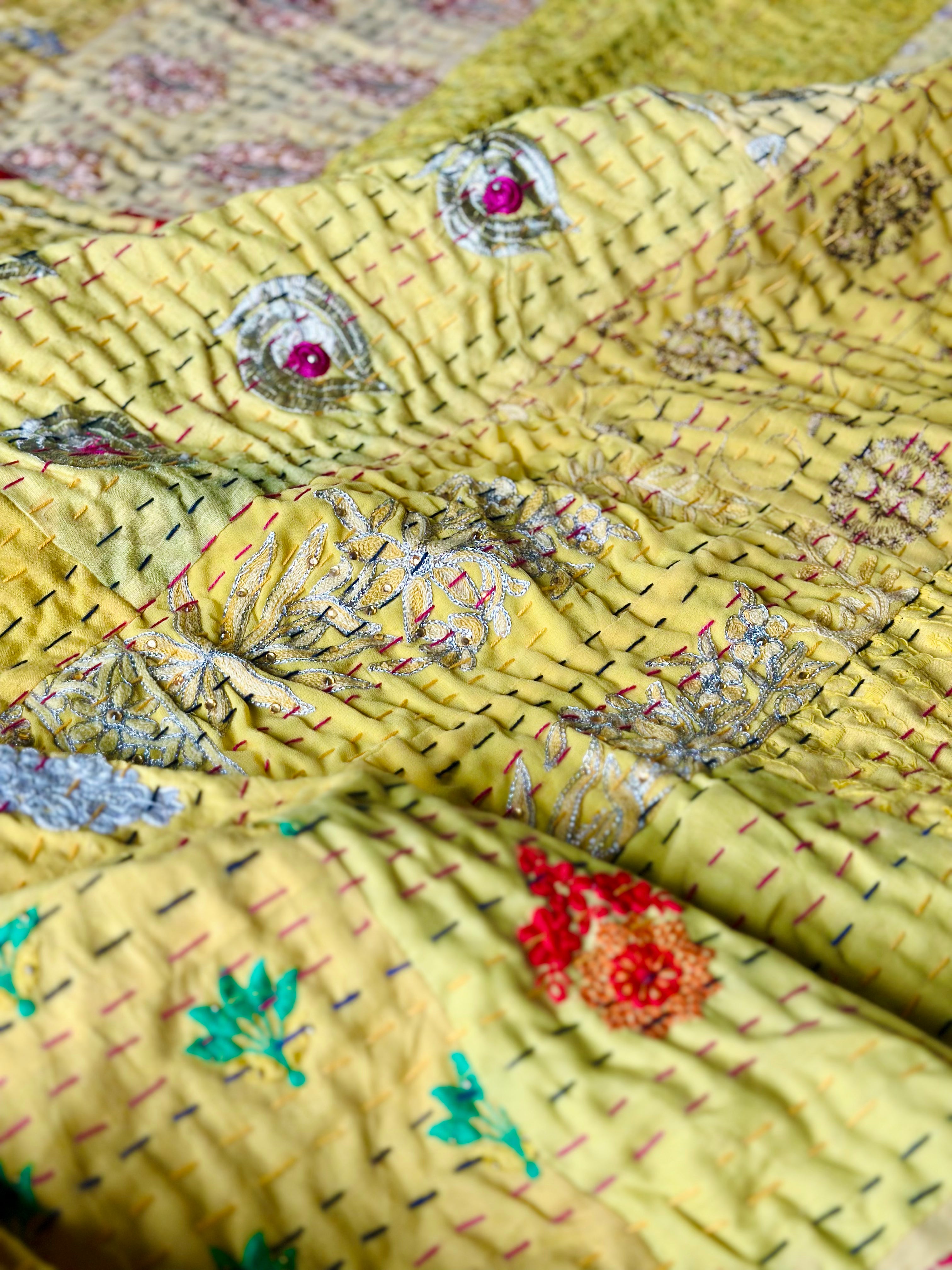 Yellow poppy patchwork Kantha KING sized Bedspread