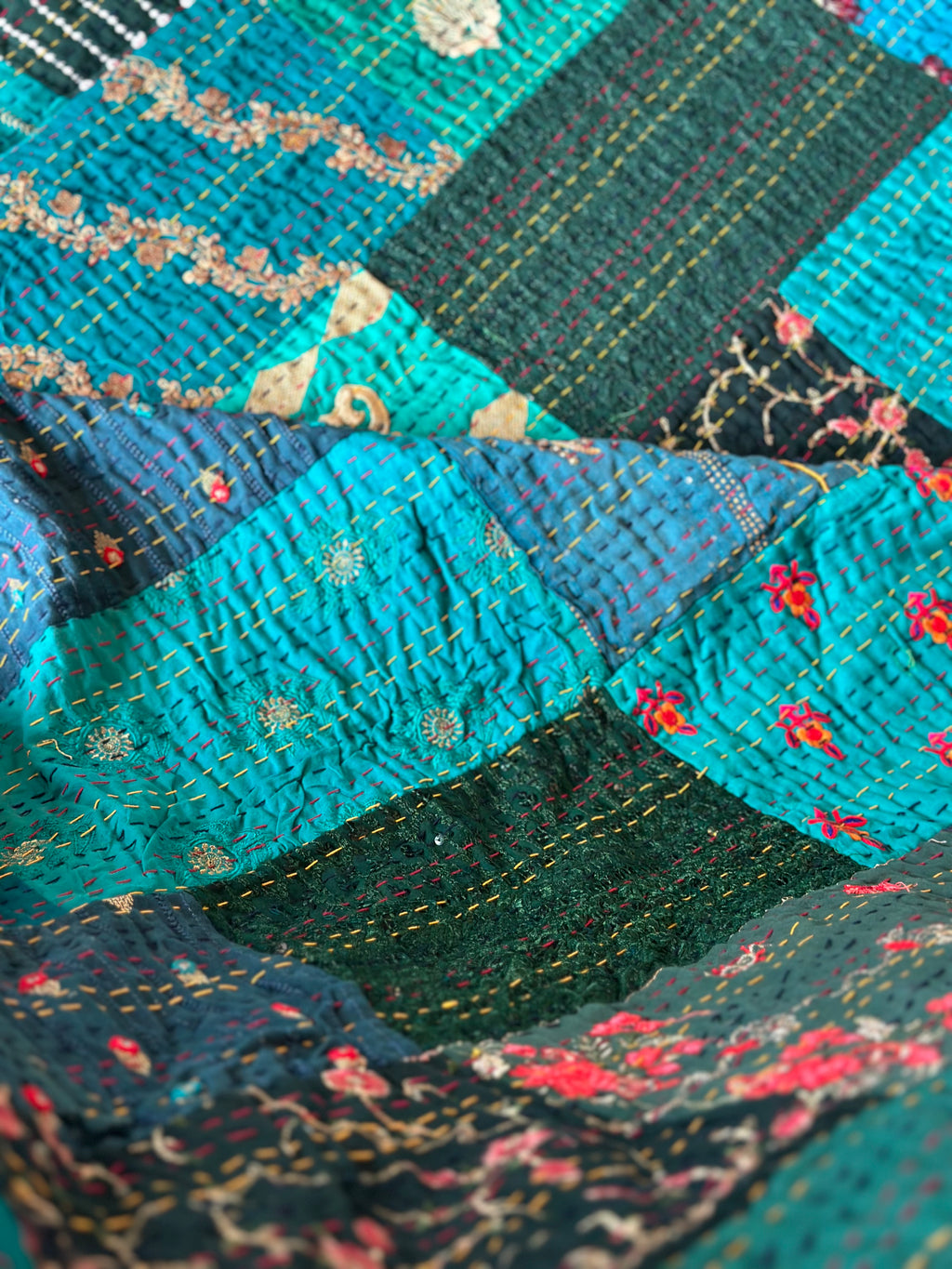 Couvre-lit de luxe Kantha Patola Lagoon Bleu
