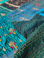 Couvre-lit de luxe Kantha Patola Lagoon Bleu