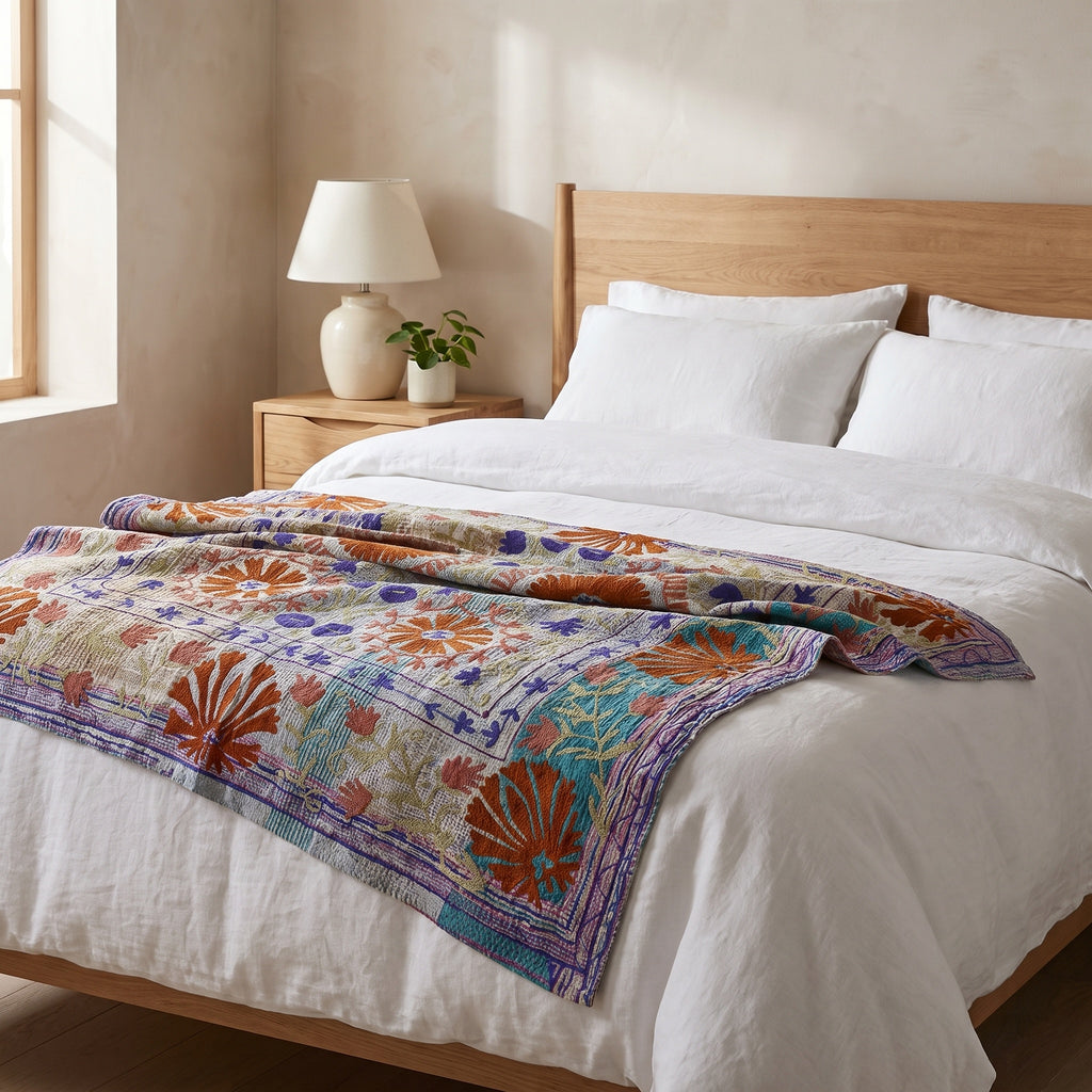 Meadow Tide Luxury Vintage Suzani Kantha Throw