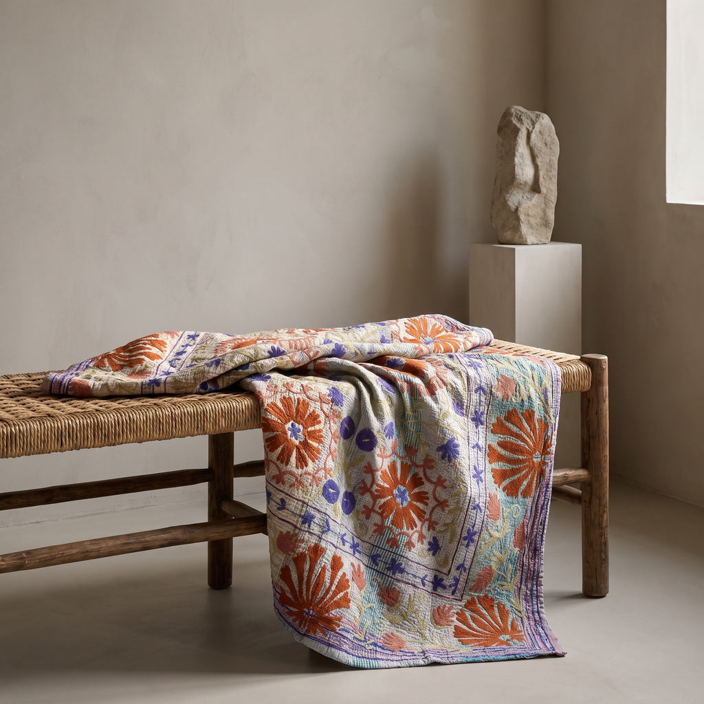 Meadow Tide Luxury Vintage Suzani Kantha Throw