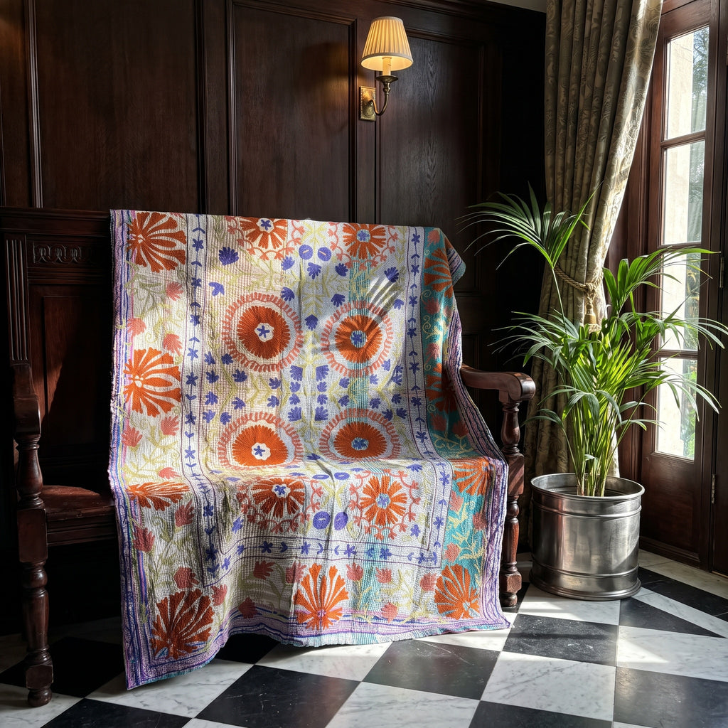 Meadow Tide Luxury Vintage Suzani Kantha Throw