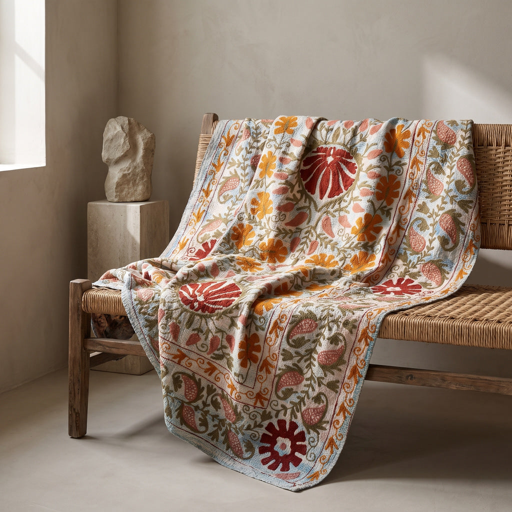 Woven Story Luxury Vintage Suzani Kantha Throw
