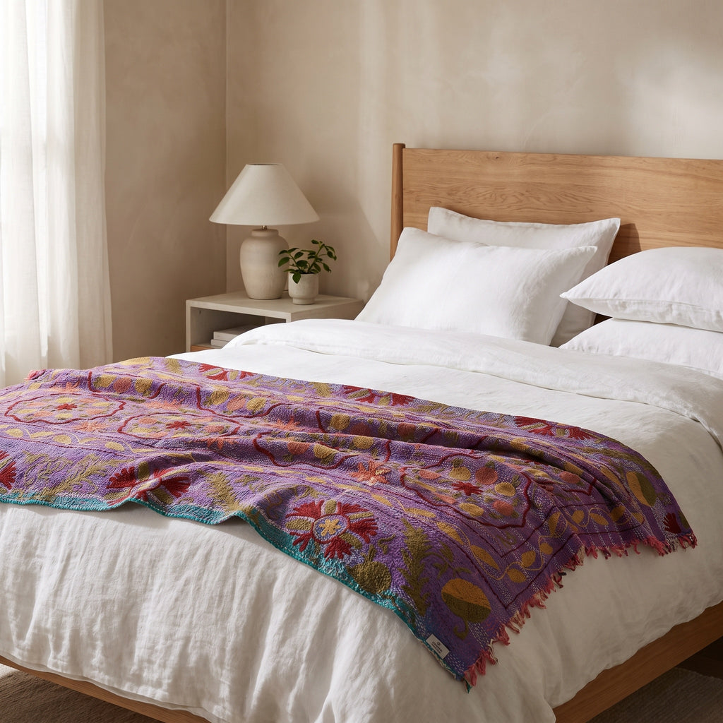 Quiet Stone Luxury Vintage Suzani Kantha Throw