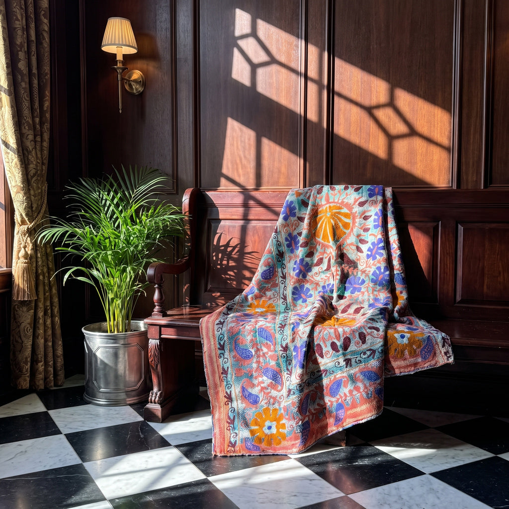 Fern Passage Luxury Vintage Suzani Kantha Throw