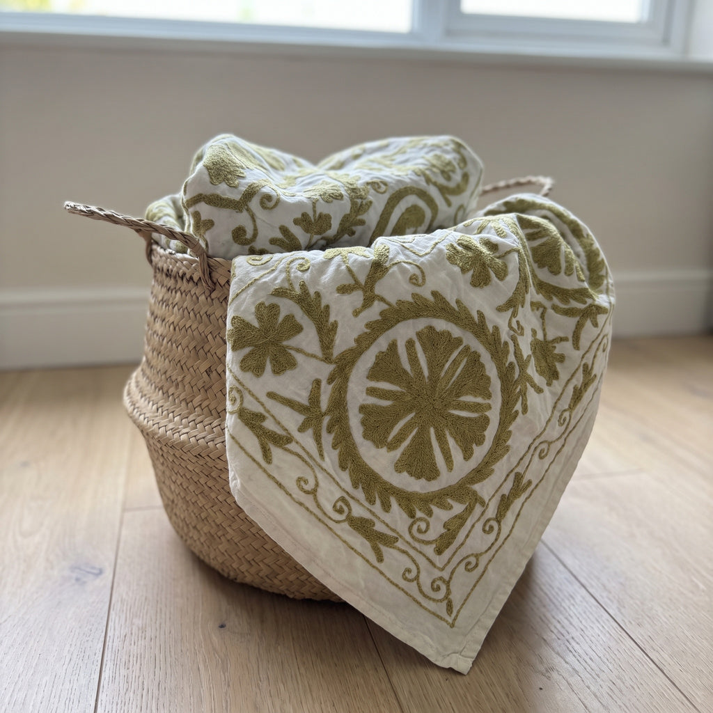 Fern Meadow Hand-Embroidered Cotton Suzani Throw