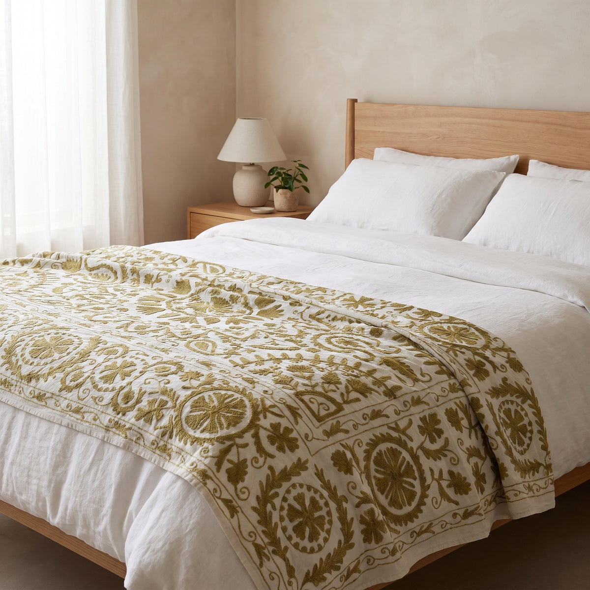 Fern Meadow Hand-Embroidered Cotton Suzani Throw