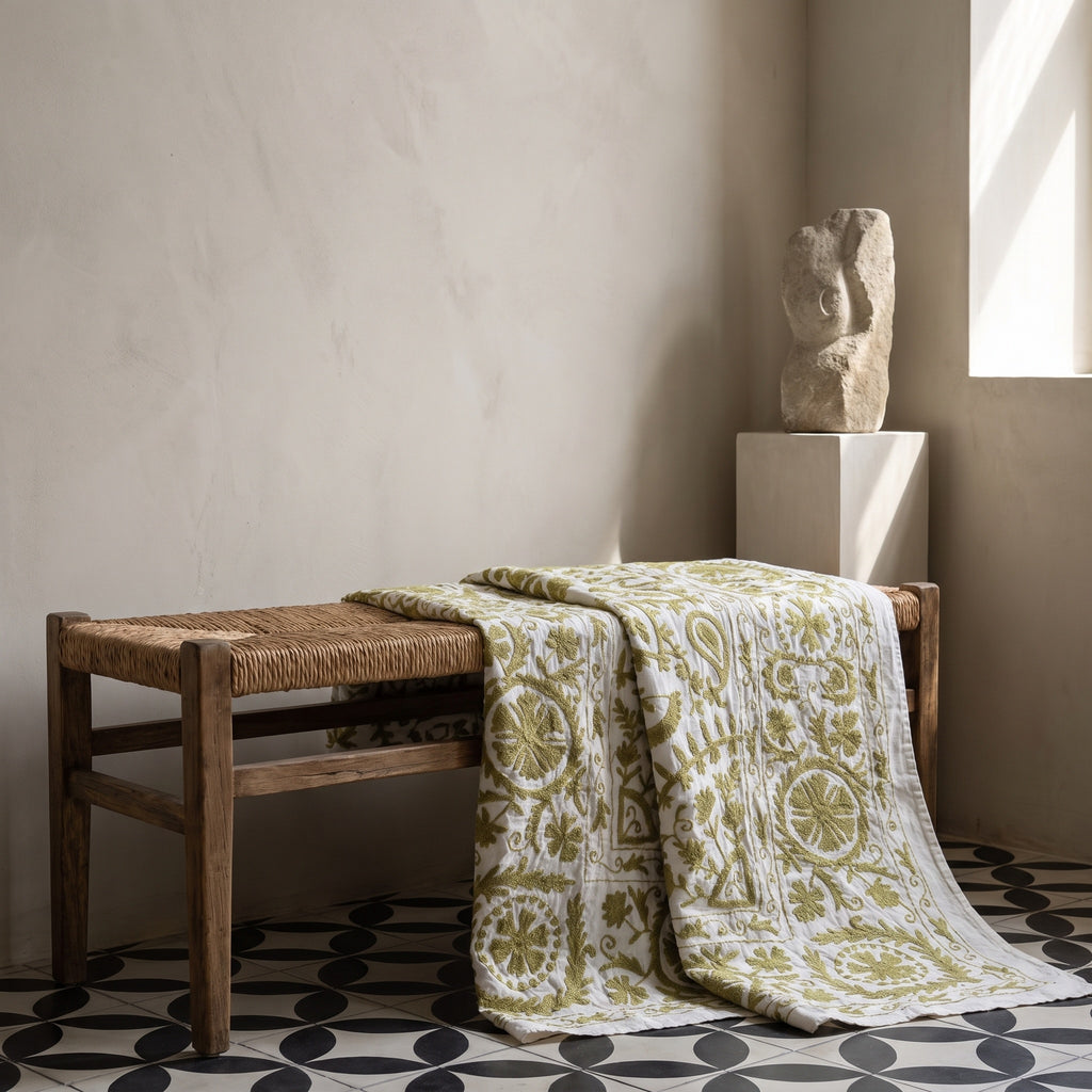 Fern Meadow Hand-Embroidered Cotton Suzani Throw