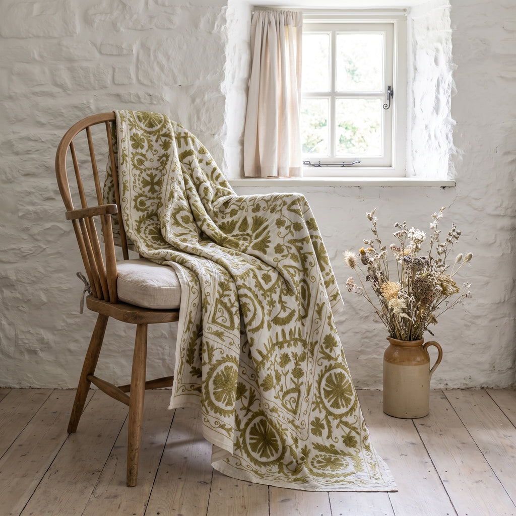 Fern Meadow Hand-Embroidered Cotton Suzani Throw