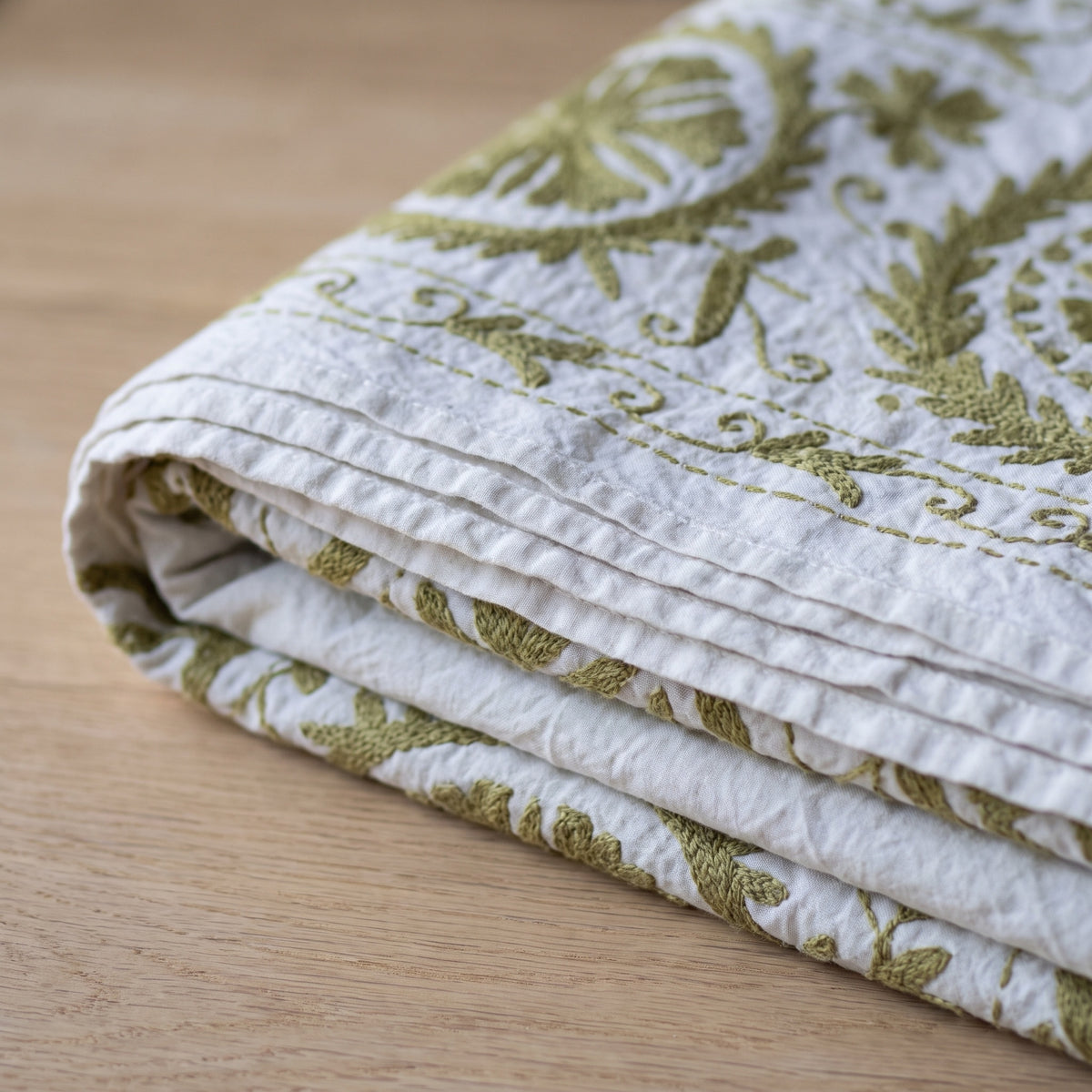 Fern Meadow Hand-Embroidered Cotton Suzani Throw