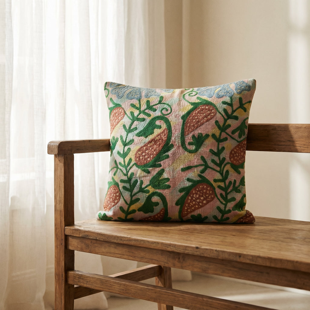Amber Paisley Handmade Embroidered Cushion Cover
