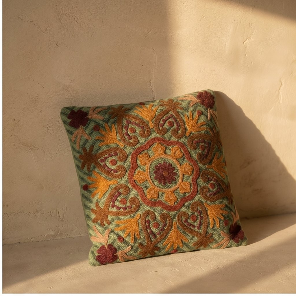 Fern Marigold Handmade Embroidered Cushion Cover